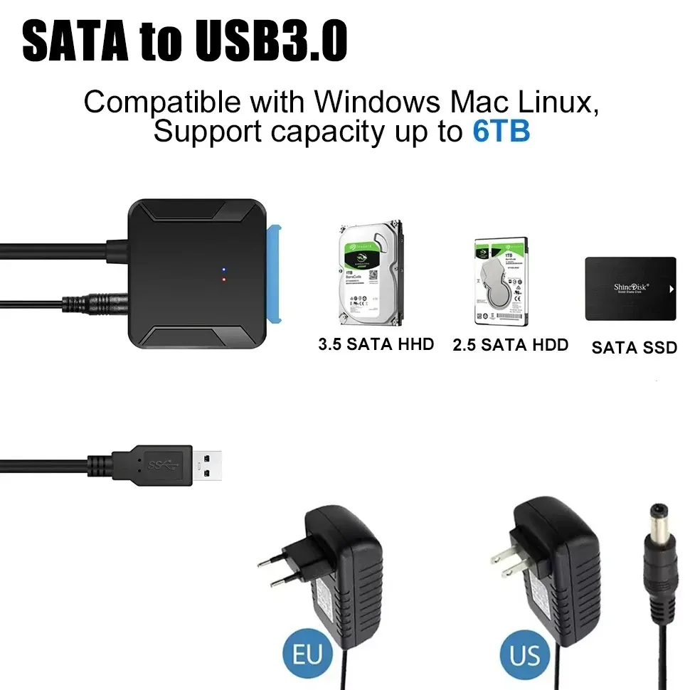 Câble adaptateur USB 3.0 vers SATA III pour disque dur 3,5 pouces, convertisseur pour SSD et HDD 2,5 pouces, avec adaptateur d'alimentation 12 V/2 A