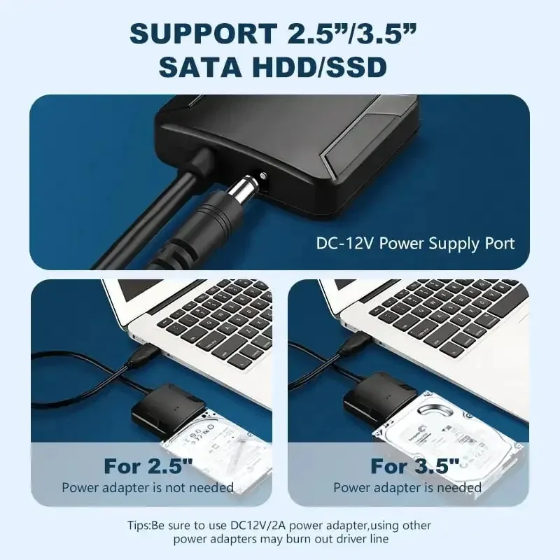 Câble adaptateur USB 3.0 vers SATA III pour disque dur 3,5 pouces, convertisseur pour SSD et HDD 2,5 pouces, avec adaptateur d'alimentation 12 V/2 A 3