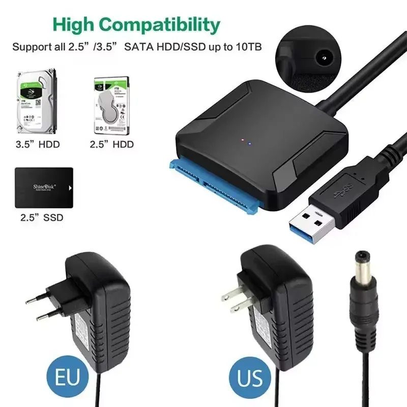 Câble adaptateur USB 3.0 vers SATA III pour disque dur 3,5 pouces, convertisseur pour SSD et HDD 2,5 pouces, avec adaptateur d'alimentation 12 V/2 A 6