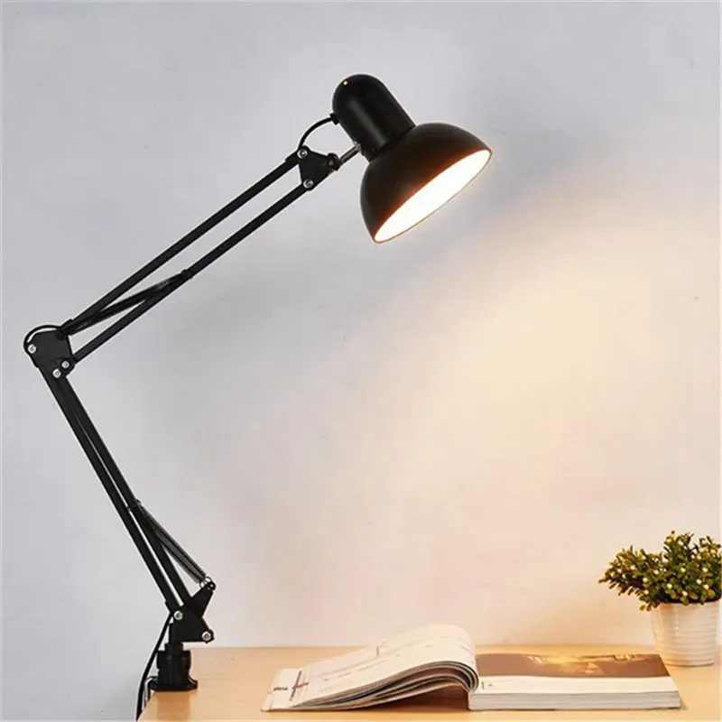 Lampe de bureau flexible à bras oscillant avec pince de fixation, prise US, douille E27/E26, éclairage LED de studio, fonctionnement en AC 85-265 V, finition noire