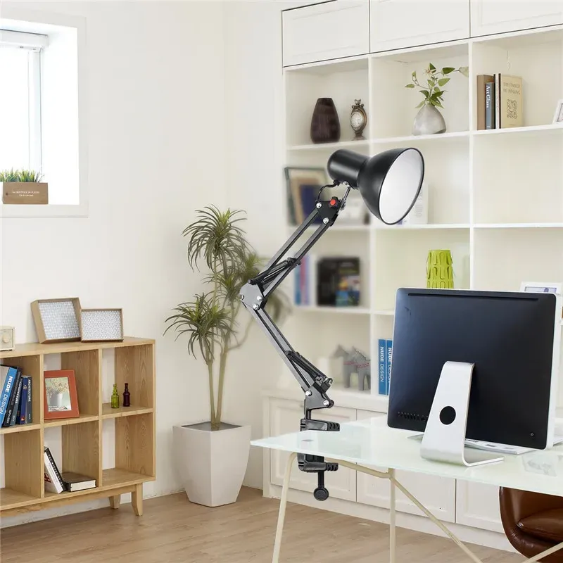 Lampe de bureau flexible à bras oscillant avec pince de fixation, prise US, douille E27/E26, éclairage LED de studio, fonctionnement en AC 85-265 V, finition noire 3