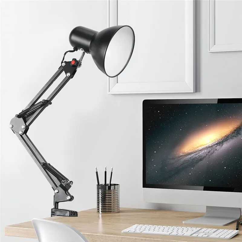 Lampe de bureau flexible à bras oscillant avec pince de fixation, prise US, douille E27/E26, éclairage LED de studio, fonctionnement en AC 85-265 V, finition noire 2