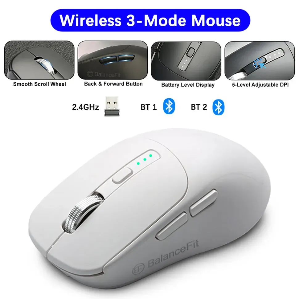 Souris sans fil ergonomique 2,4 GHz avec récepteur USB et Bluetooth, compatible iPad, MacBook, tablette, ordinateur portable et PC, idéale pour le bureau