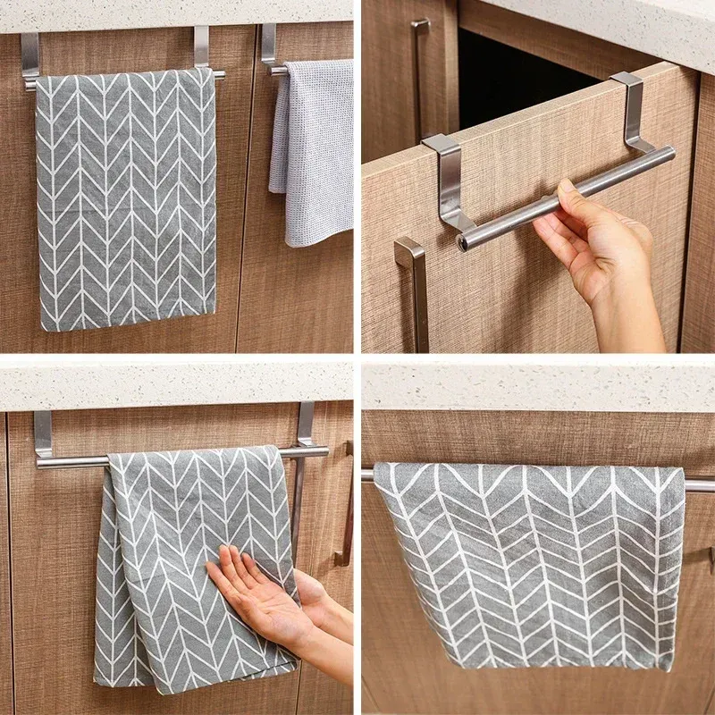 Porte-serviettes en acier inoxydable suspendu sur une porte d'armoire