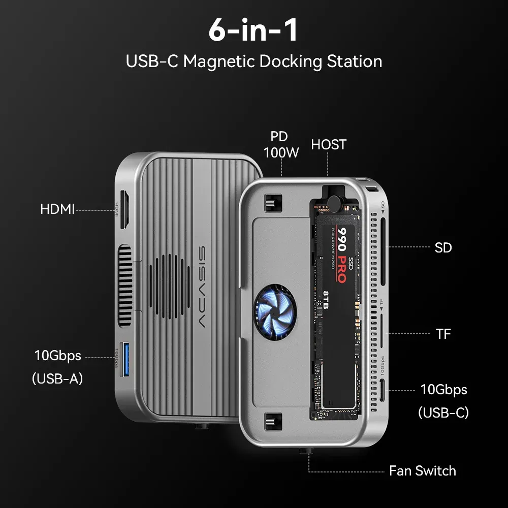 Acasis – Boîtier magnétique M.2 NVMe SSD et station d'accueil USB-C 10 Gbit/s avec ventilateur, HDMI 4K@60 Hz, lecteur SD/TF, Power Delivery 100 W, compatible iPhone 17 et 16 2
