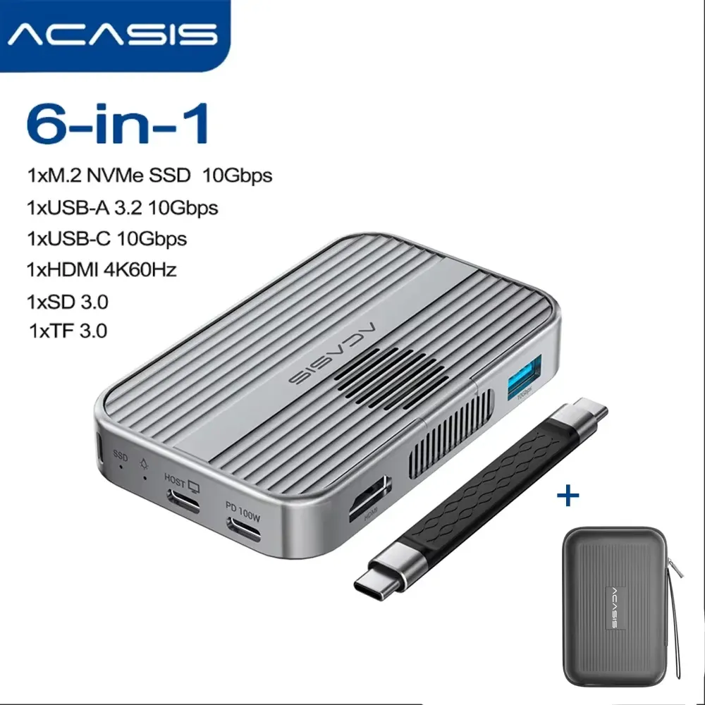 Acasis – Boîtier magnétique M.2 NVMe SSD et station d'accueil USB-C 10 Gbit/s avec ventilateur, HDMI 4K@60 Hz, lecteur SD/TF, Power Delivery 100 W, compatible iPhone 17 et 16 9