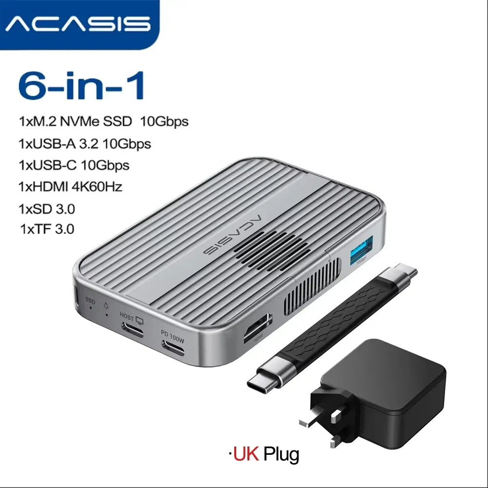 Acasis – Boîtier magnétique M.2 NVMe SSD et station d'accueil USB-C 10 Gbit/s avec ventilateur, HDMI 4K@60 Hz, lecteur SD/TF, Power Delivery 100 W, compatible iPhone 17 et 16 16