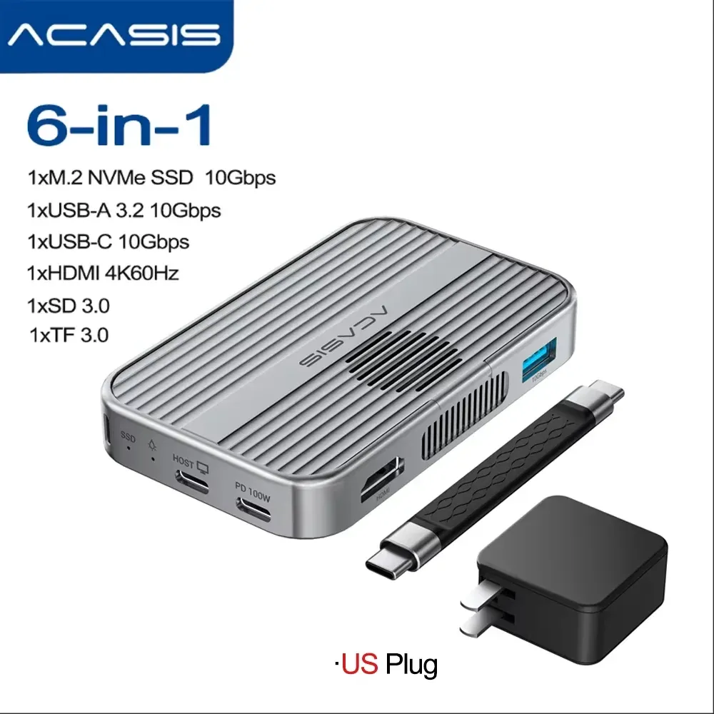 Acasis – Boîtier magnétique M.2 NVMe SSD et station d'accueil USB-C 10 Gbit/s avec ventilateur, HDMI 4K@60 Hz, lecteur SD/TF, Power Delivery 100 W, compatible iPhone 17 et 16 15