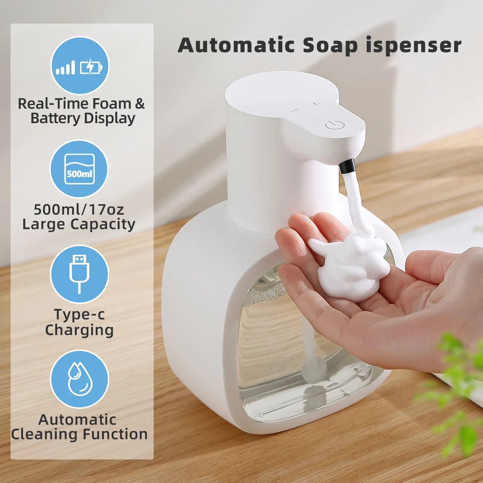 Distributeur automatique de savon mural en mousse, machine à laver les mains intelligente, rechargeable 500 ml, capteur infrarouge pour salle de bain, nouveau - Image 1
