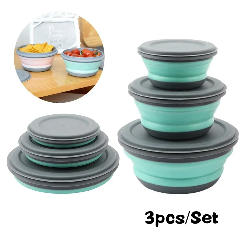 Boîte à déjeuner pliante portable en silicone, lot de 3 bols, contenant alimentaire, ensemble de vaisselle de camping en plein air, bol à salade pliable avec couvercle - Image 1