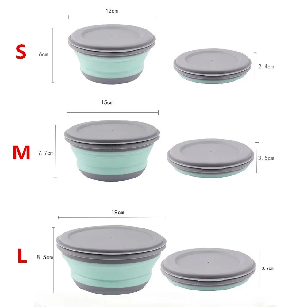 Boîte à déjeuner pliante portable en silicone, lot de 3 bols, contenant alimentaire, ensemble de vaisselle de camping en plein air, bol à salade pliable avec couvercle 4