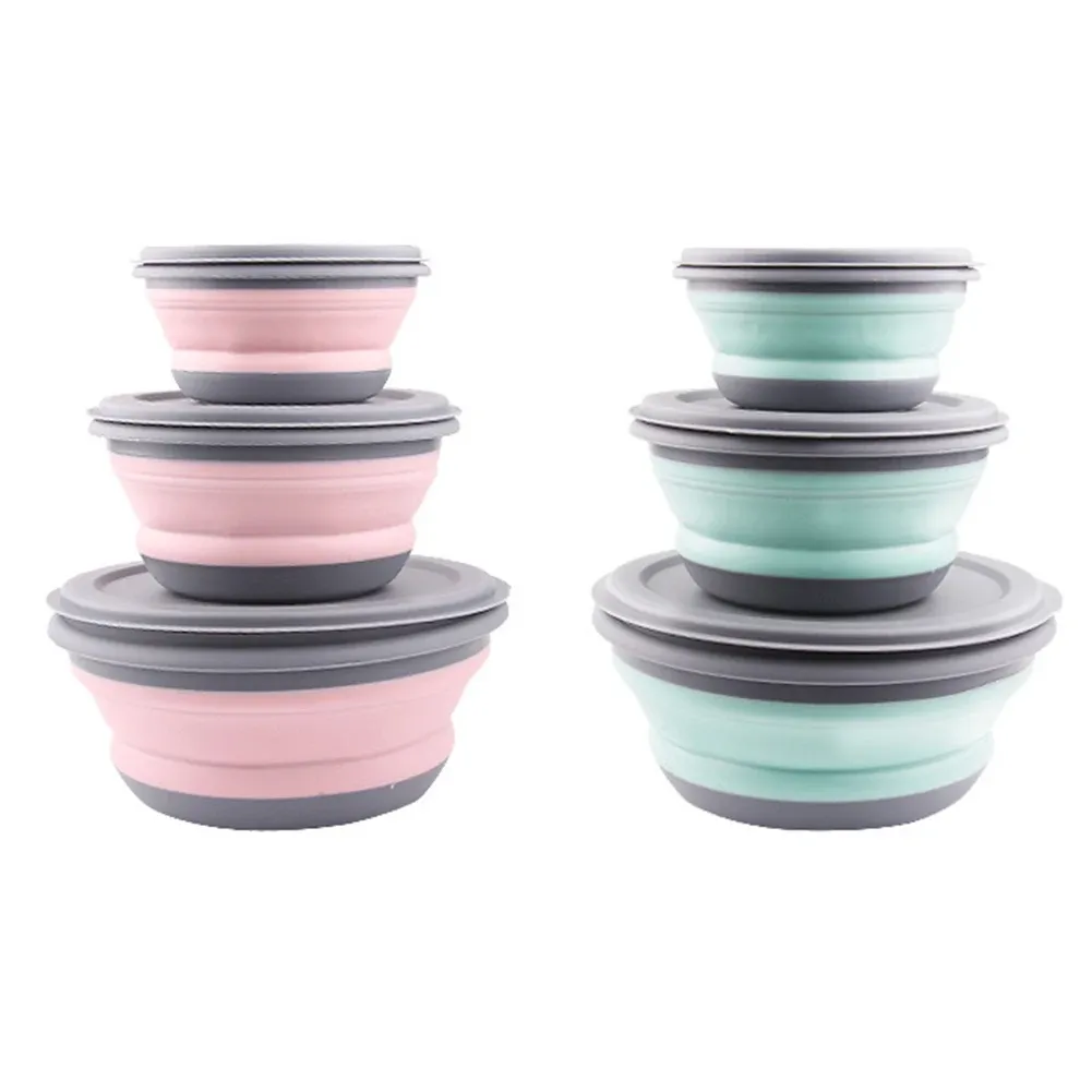Boîte à déjeuner pliante portable en silicone, lot de 3 bols, contenant alimentaire, ensemble de vaisselle de camping en plein air, bol à salade pliable avec couvercle 5