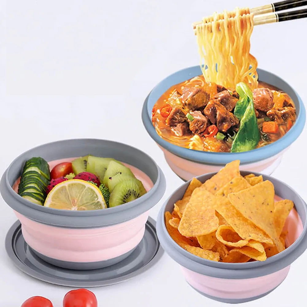 Boîte à déjeuner pliante portable en silicone, lot de 3 bols, contenant alimentaire, ensemble de vaisselle de camping en plein air, bol à salade pliable avec couvercle 6
