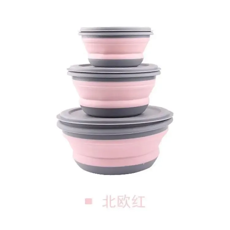 Boîte à déjeuner pliante portable en silicone, lot de 3 bols, contenant alimentaire, ensemble de vaisselle de camping en plein air, bol à salade pliable avec couvercle 8