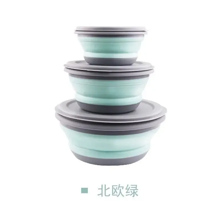 Boîte à déjeuner pliante portable en silicone, lot de 3 bols, contenant alimentaire, ensemble de vaisselle de camping en plein air, bol à salade pliable avec couvercle 7