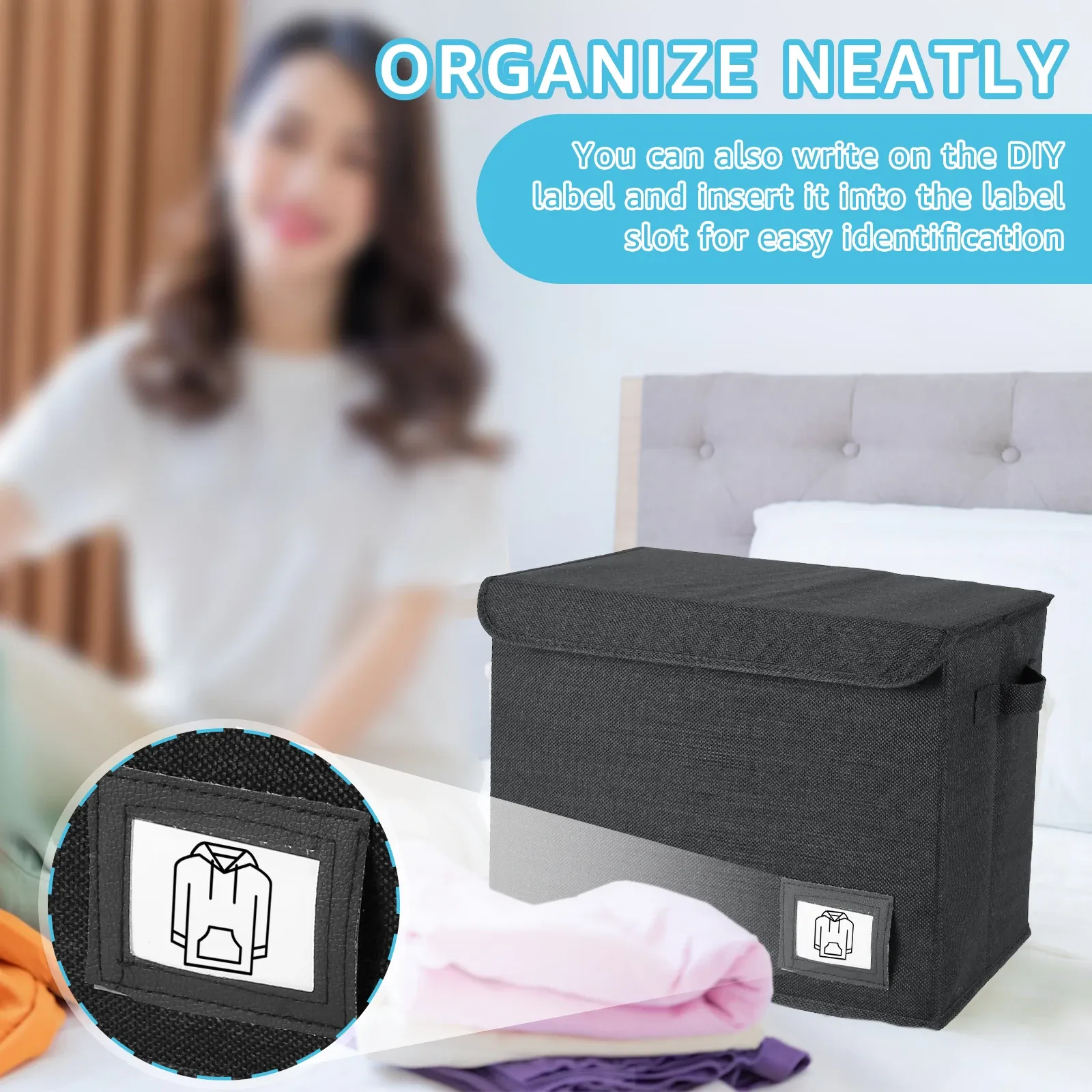 Boîte de rangement pliable avec poignée et couvercle, bac lavable pour vêtements et bandes dessinées, organisateur polyvalent pour le bureau et la maison 3