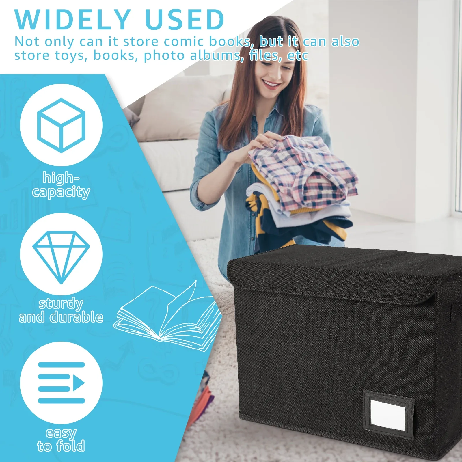 Boîte de rangement pliable avec poignée et couvercle, bac lavable pour vêtements et bandes dessinées, organisateur polyvalent pour le bureau et la maison 2