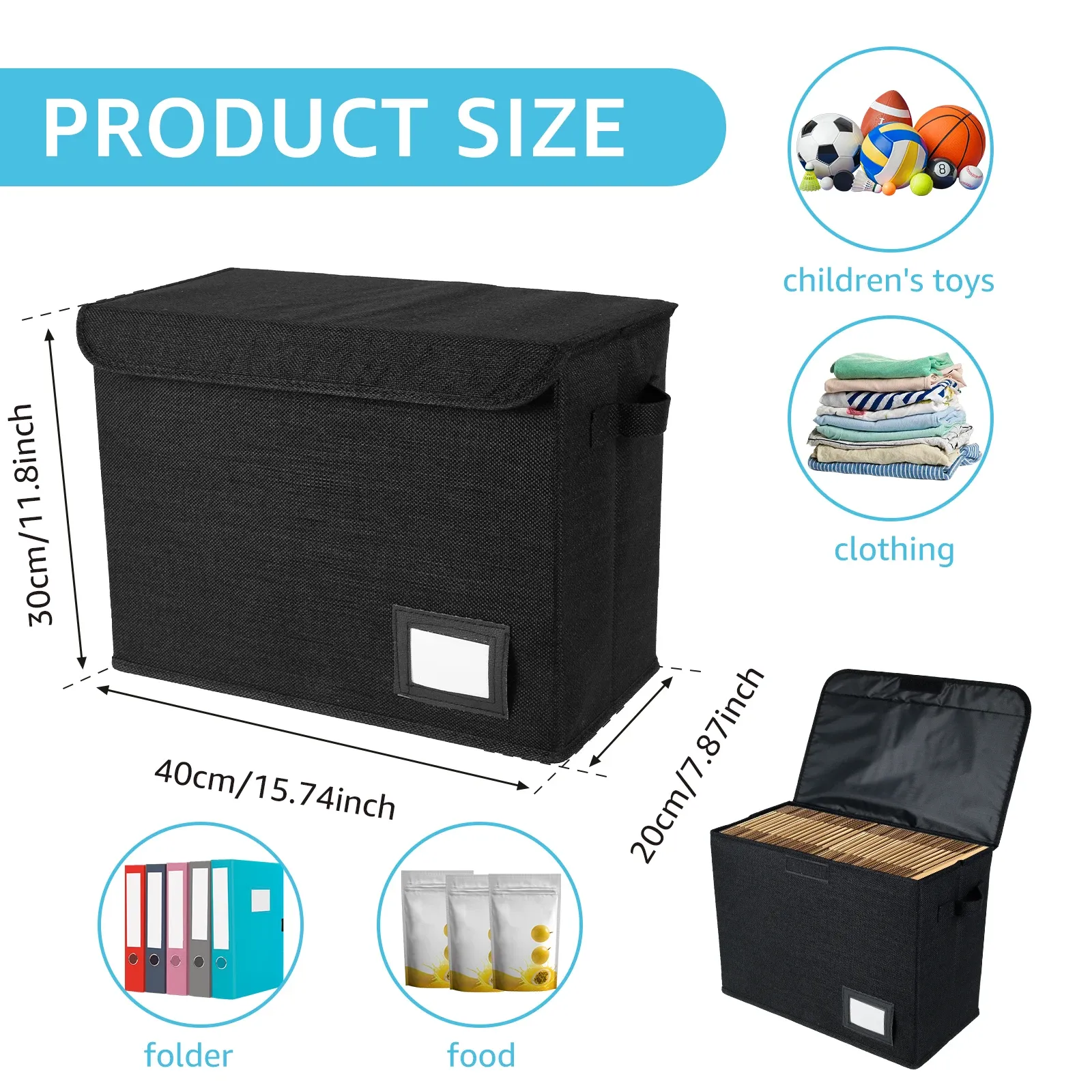 Boîte de rangement pliable avec poignée et couvercle, bac lavable pour vêtements et bandes dessinées, organisateur polyvalent pour le bureau et la maison 4