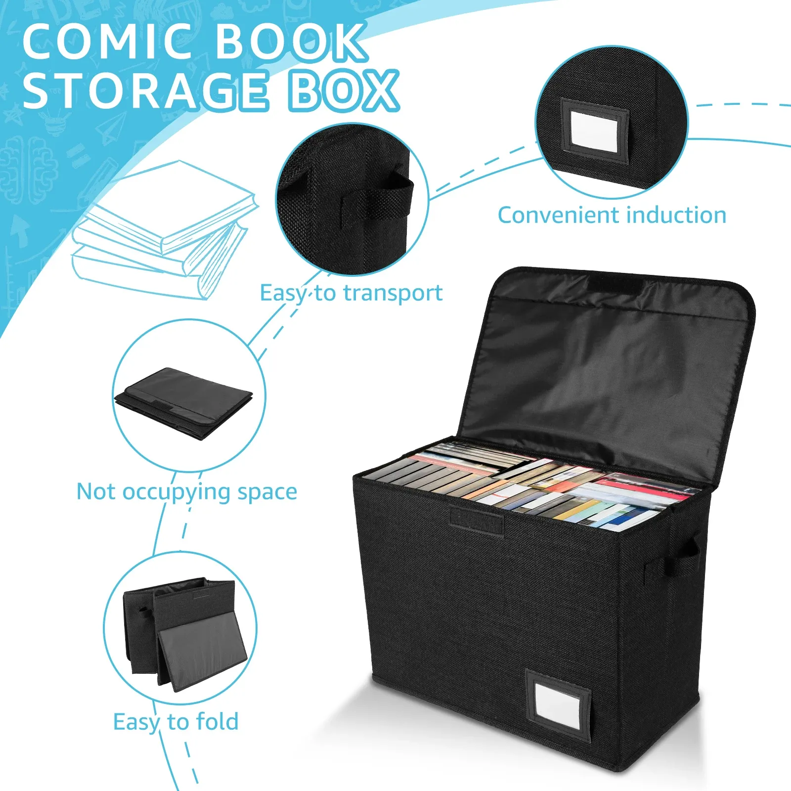 Boîte de rangement pliable avec poignée et couvercle, bac lavable pour vêtements et bandes dessinées, organisateur polyvalent pour le bureau et la maison 5