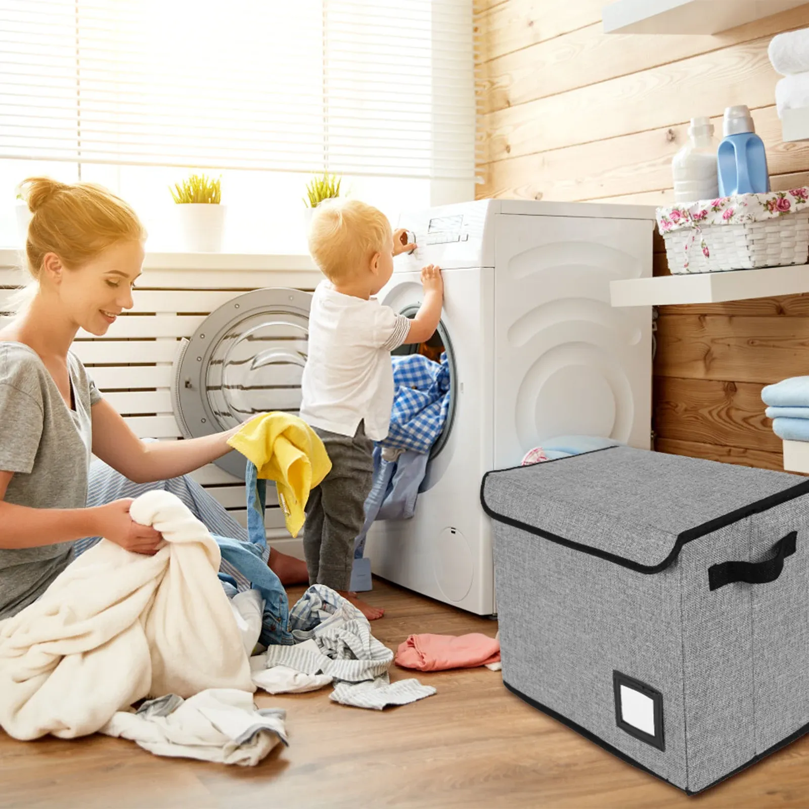 Boîte de rangement pliable avec poignée et couvercle, bac lavable pour vêtements et bandes dessinées, organisateur polyvalent pour le bureau et la maison 6