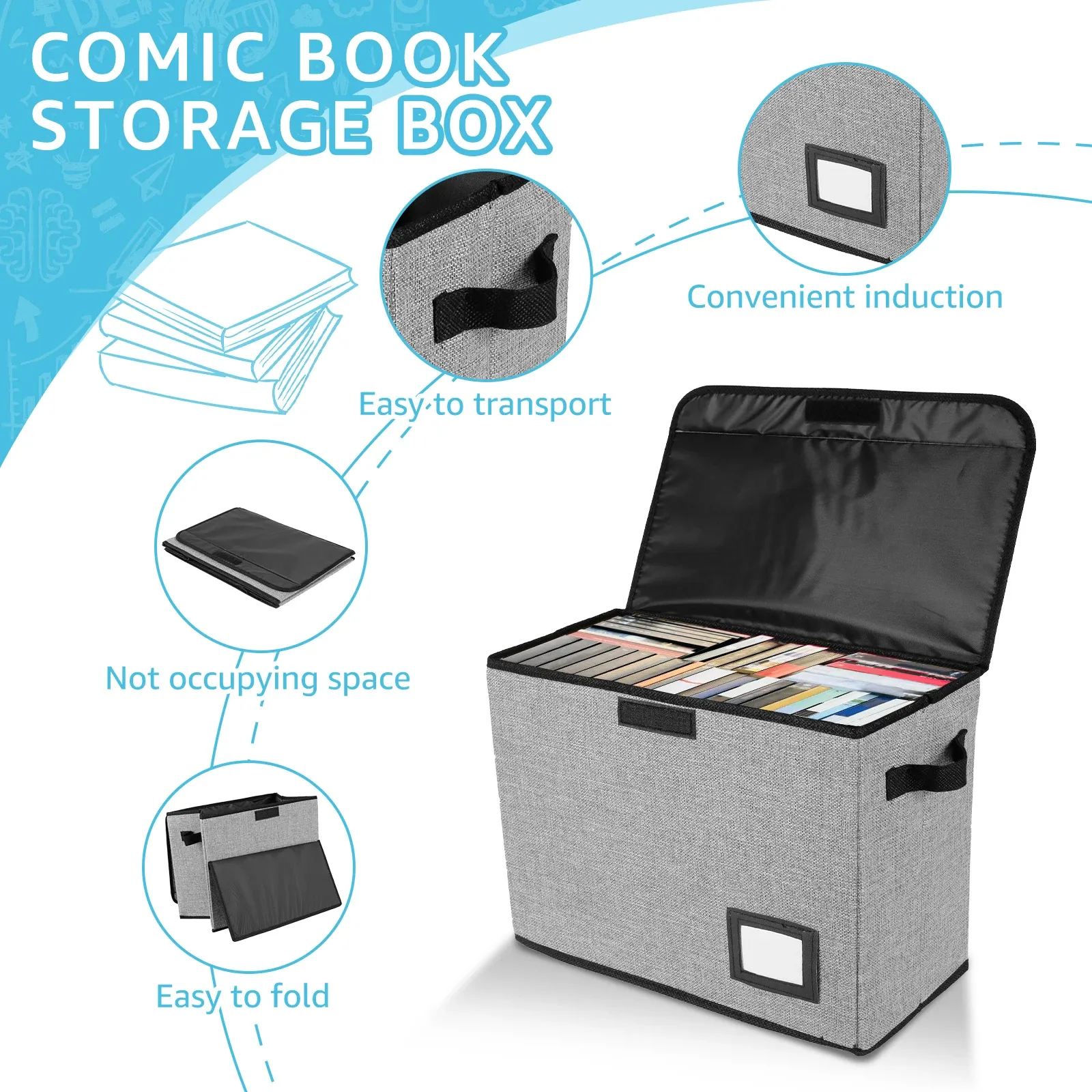 Boîte de rangement pliable pour bandes dessinées, détail des poignées