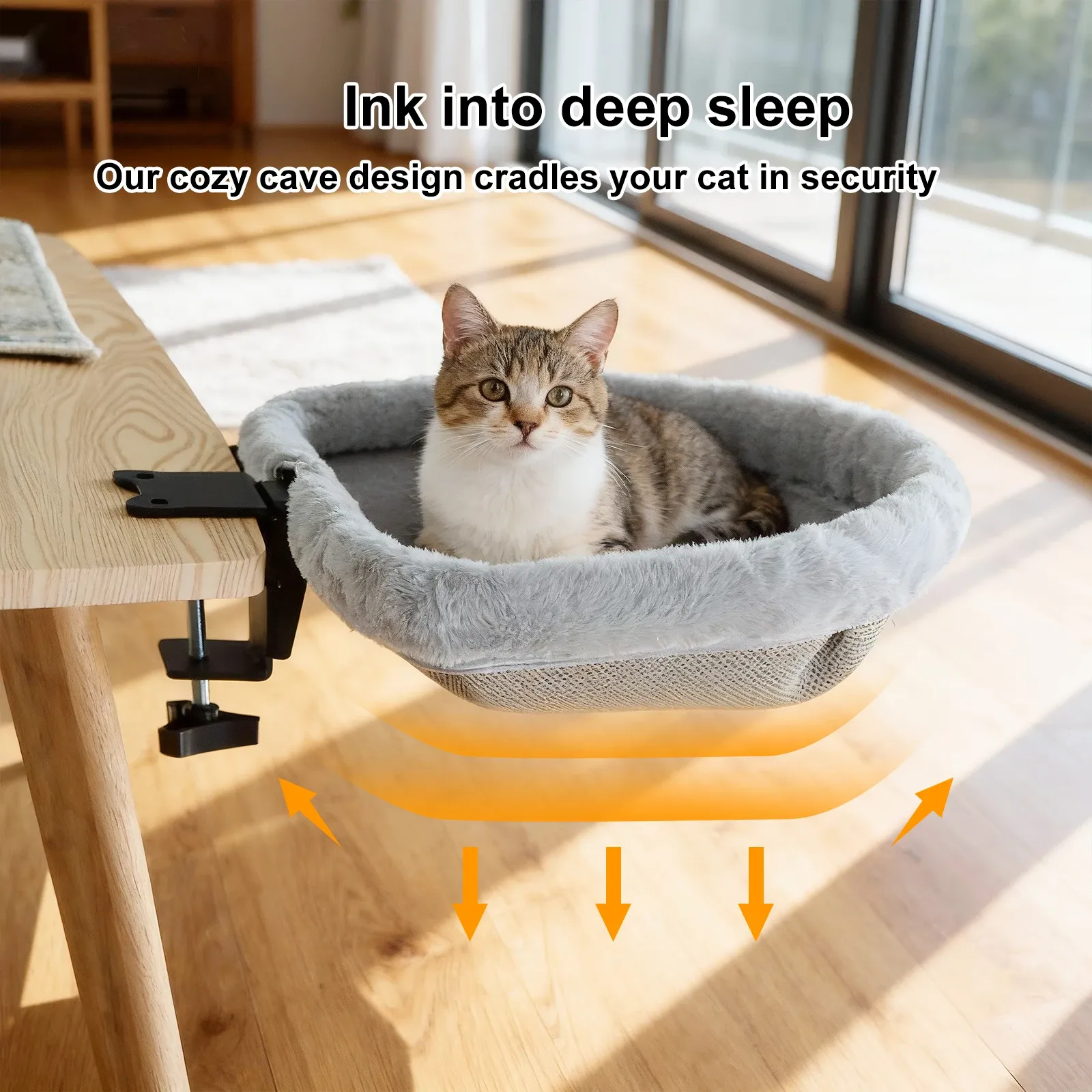 Lit de bureau pliable en un clic pour chat, design fluide semi-circulaire et format compact, hamac pour chats d'intérieur