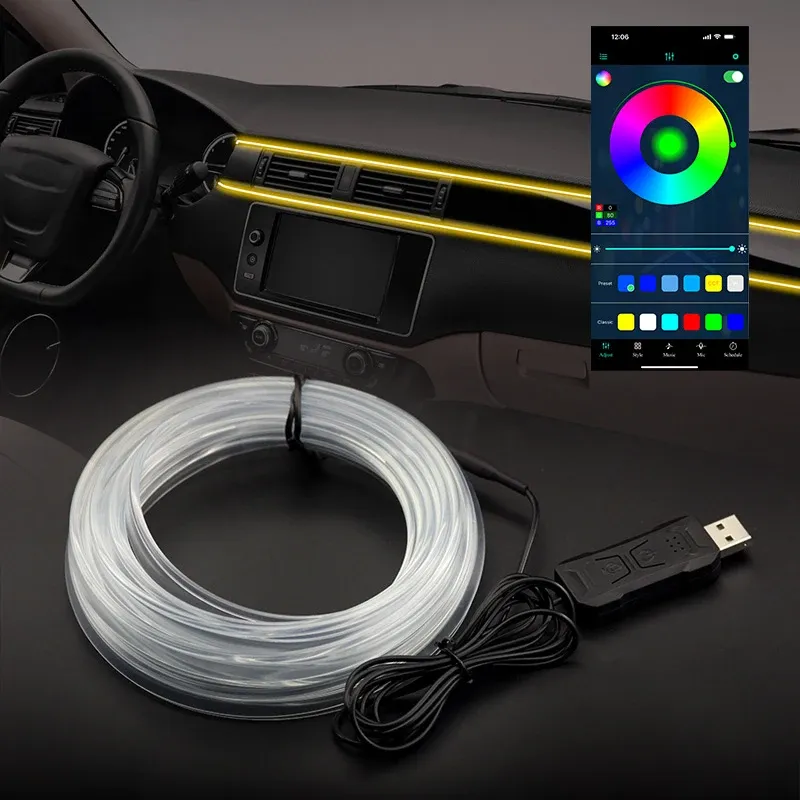 Bande LED RGB pour habitacle de voiture, 1/2/3/4/5 m, éclairage d'ambiance néon invisible, lampe d'ambiance à fibre optique USB avec contrôle par application