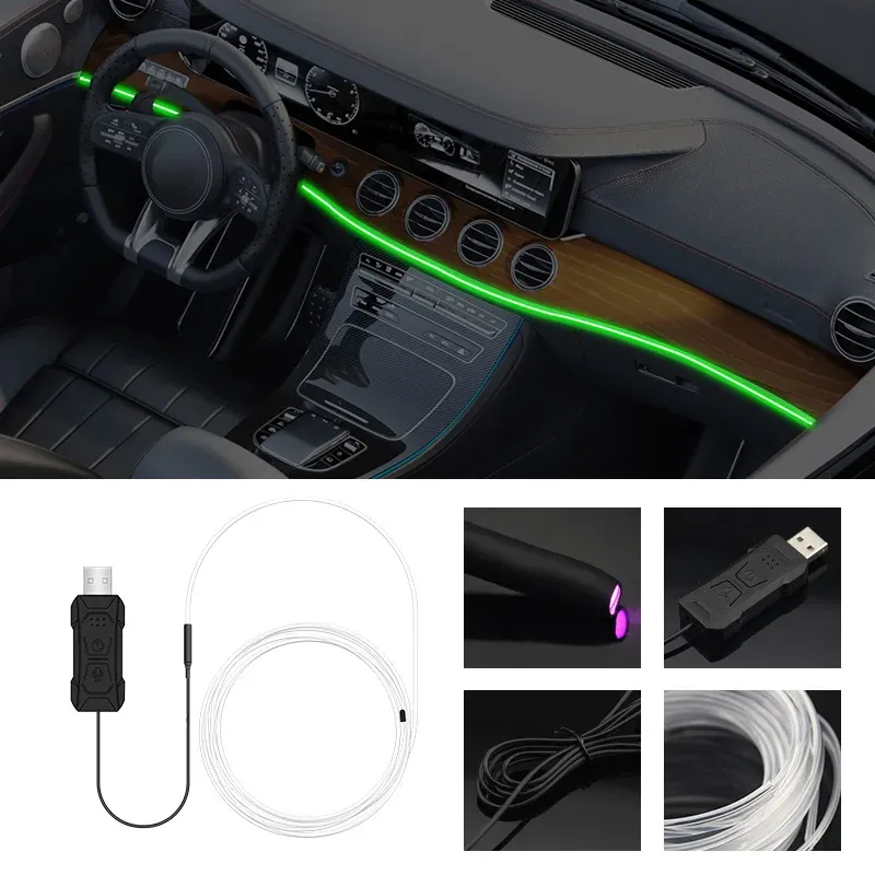 Bande LED RGB pour habitacle de voiture, 1/2/3/4/5 m, éclairage d'ambiance néon invisible, lampe d'ambiance à fibre optique USB avec contrôle par application 4