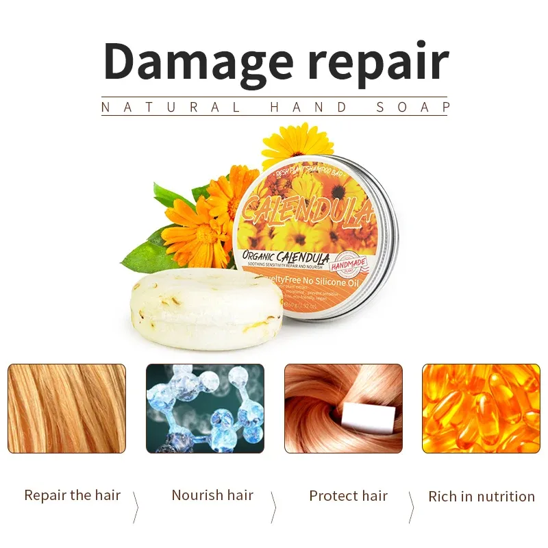 Savon Shampooing Végétal au Calendula Sans Silicone, Nettoyage en Profondeur du Cuir Chevelu 3