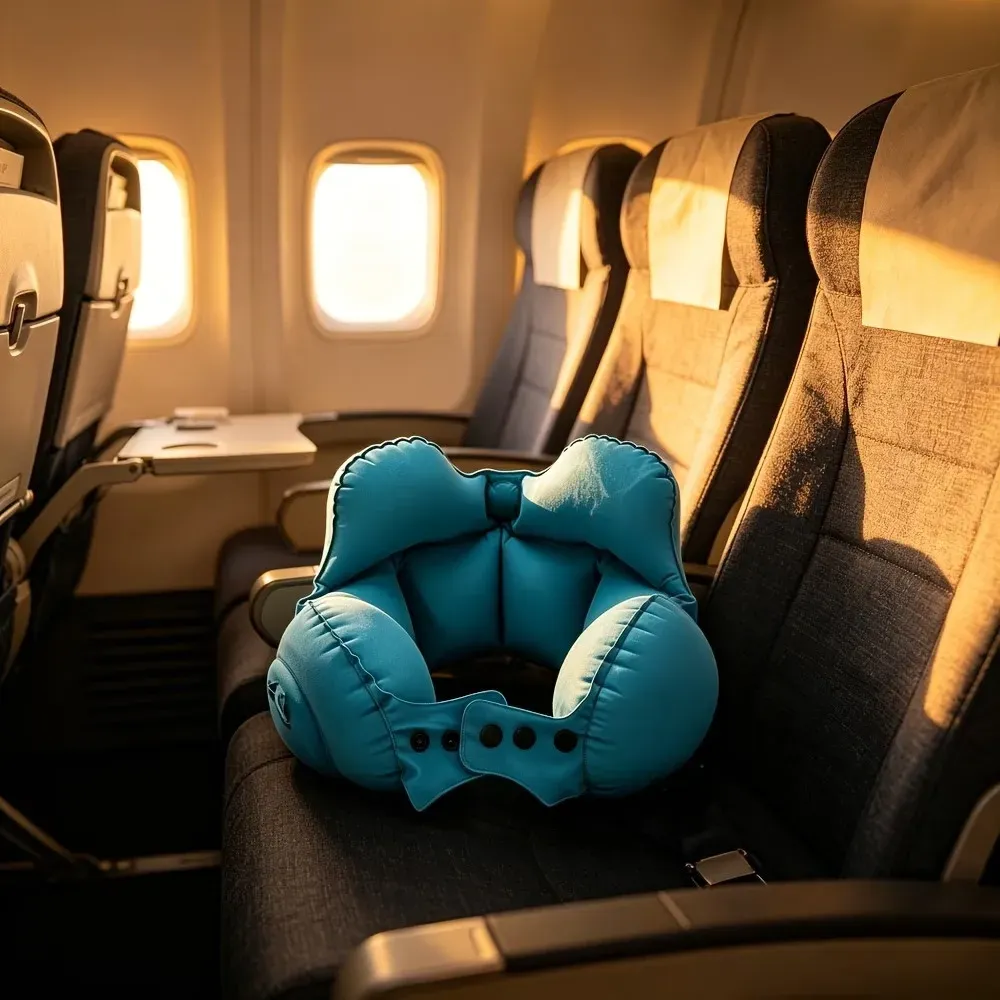 Oreiller de voyage gonflable compressible, coussin cervical portable pour avion et siestes 5