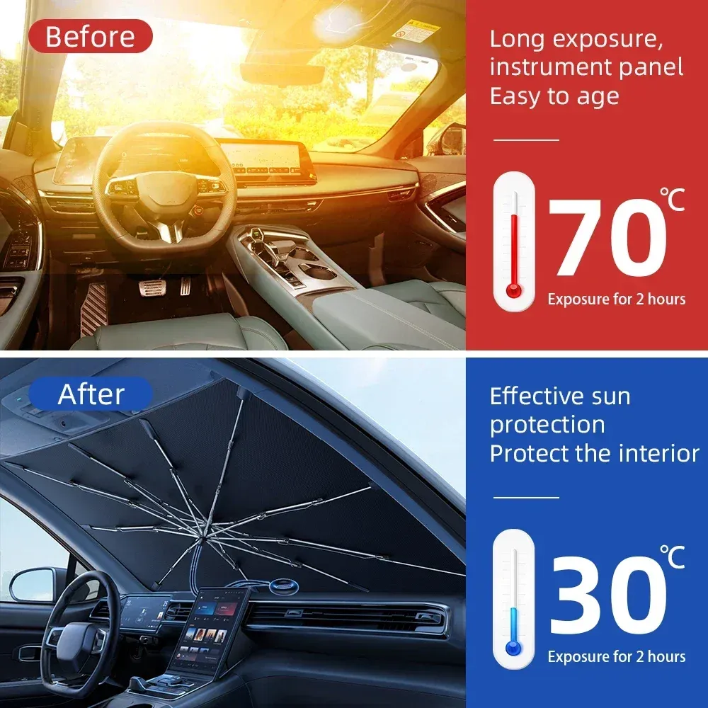Pare-soleil de voiture pliable type parapluie pour pare-brise avant, protection UV et anti-chaleur 3