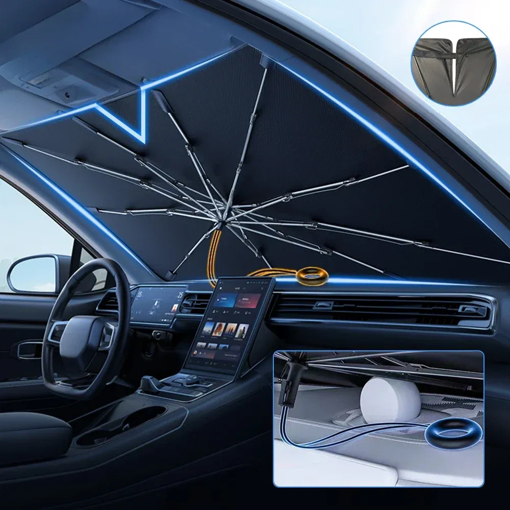 Pare-soleil de voiture pliable type parapluie pour pare-brise avant, protection UV et anti-chaleur 2