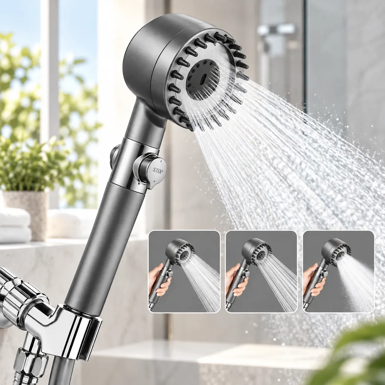 Pommeau de douche filtrant haute pression, 3 modes, avec brosse de massage et effet pluie
