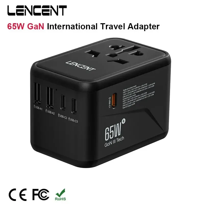 LENCENT Adaptateur de voyage international GaN 65 W / 100 W, charge rapide, 2 USB et 3 USB-C, prises EU, AU, US, UK - Image 1