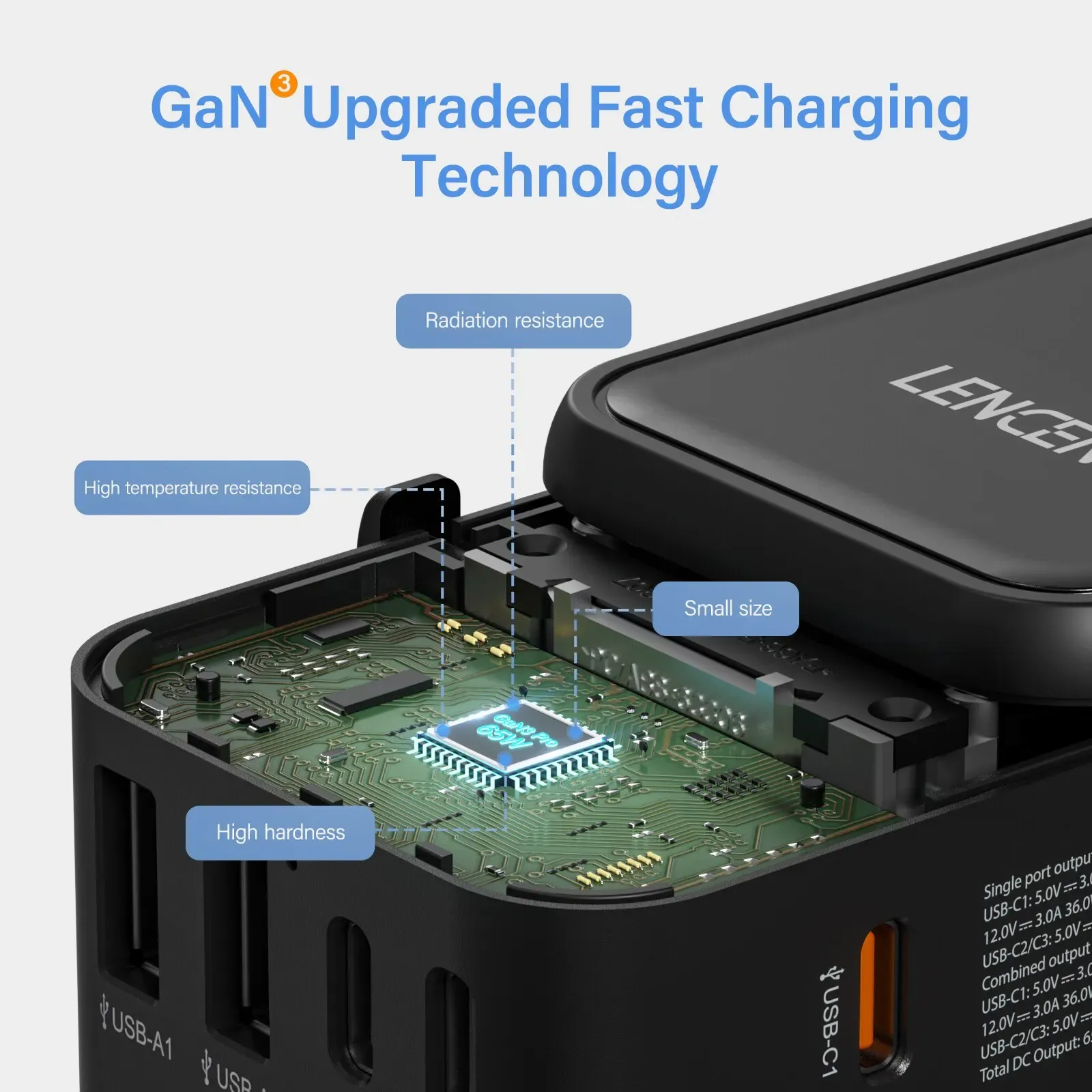 LENCENT Adaptateur de voyage international GaN 65 W / 100 W, charge rapide, 2 USB et 3 USB-C, prises EU, AU, US, UK 4