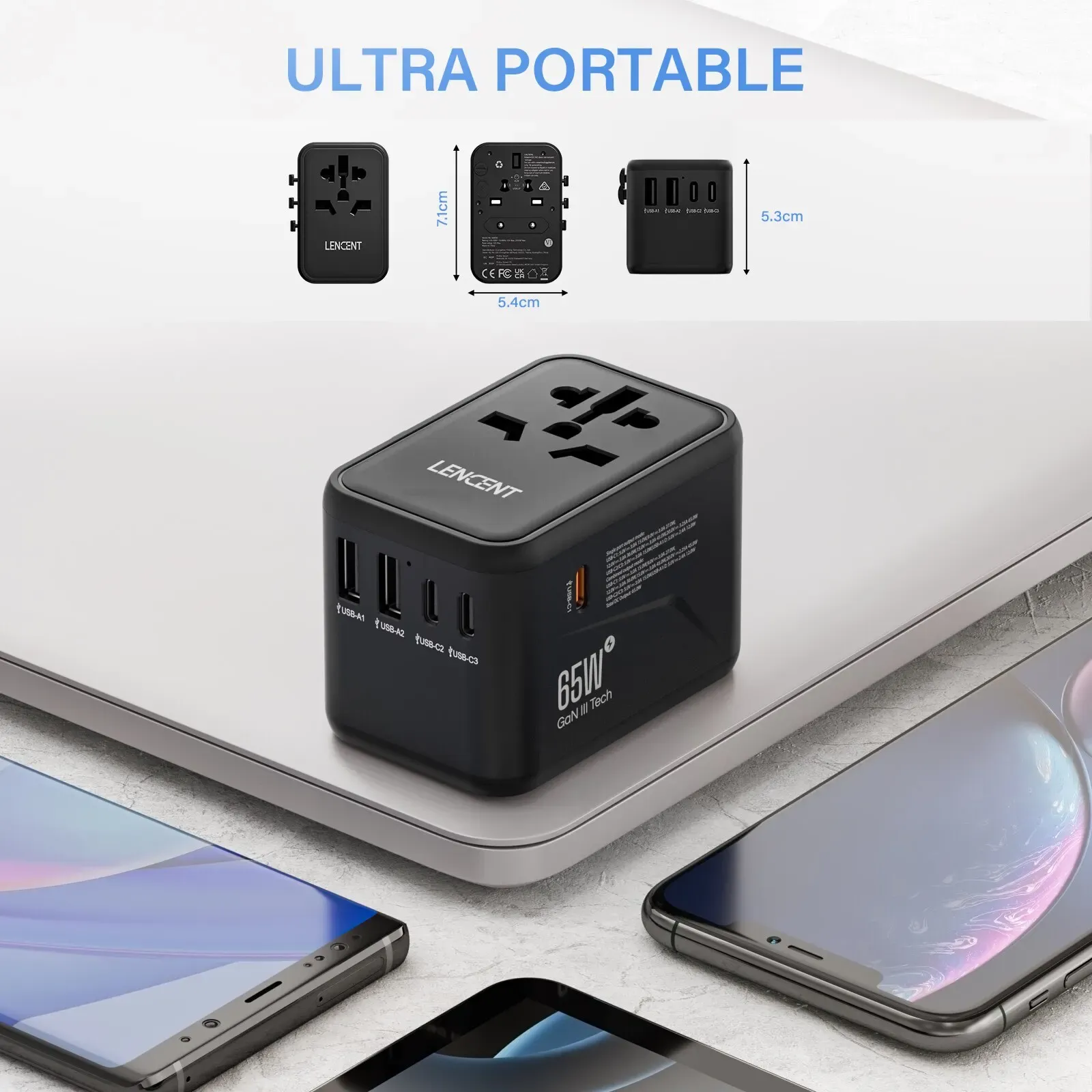 LENCENT Adaptateur de voyage international GaN 65 W / 100 W, charge rapide, 2 USB et 3 USB-C, prises EU, AU, US, UK 6