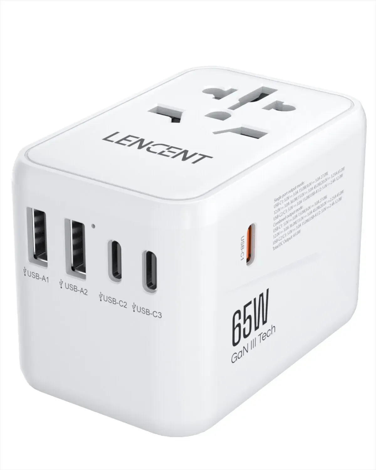 LENCENT Adaptateur de voyage international GaN 65 W / 100 W, charge rapide, 2 USB et 3 USB-C, prises EU, AU, US, UK 8