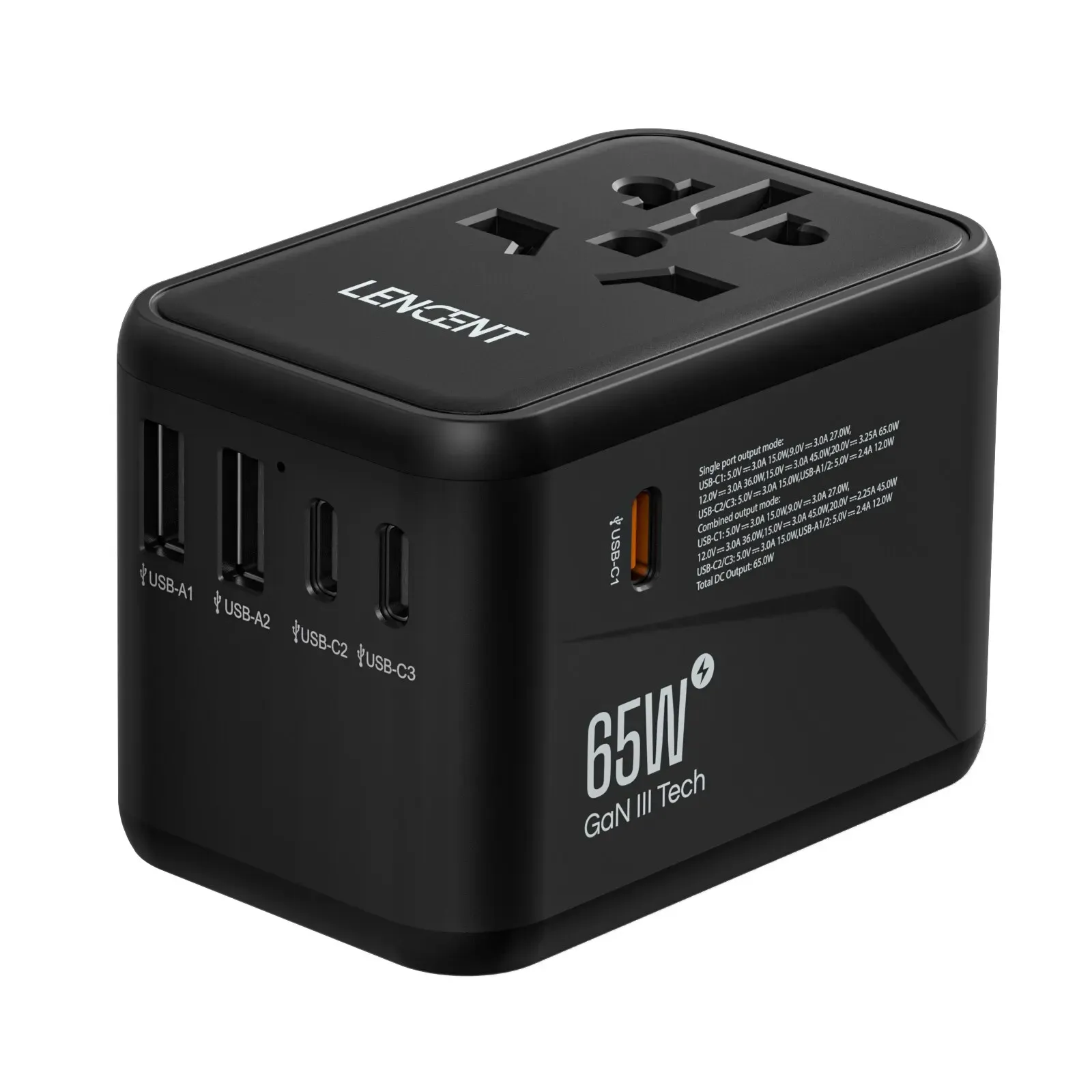 LENCENT Adaptateur de voyage international GaN 65 W / 100 W, charge rapide, 2 USB et 3 USB-C, prises EU, AU, US, UK 9