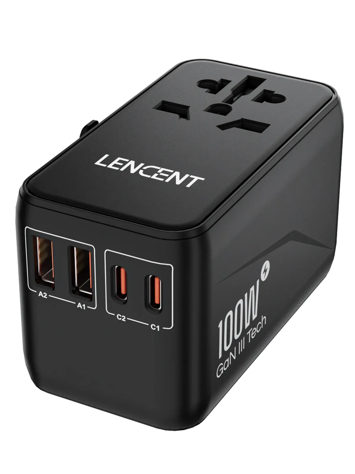 LENCENT Adaptateur de voyage international GaN 65 W / 100 W, charge rapide, 2 USB et 3 USB-C, prises EU, AU, US, UK 11