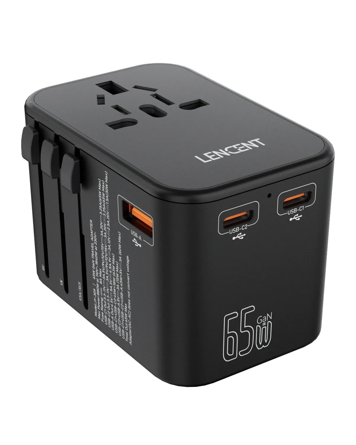 LENCENT Adaptateur de voyage international GaN 65 W / 100 W, charge rapide, 2 USB et 3 USB-C, prises EU, AU, US, UK 10