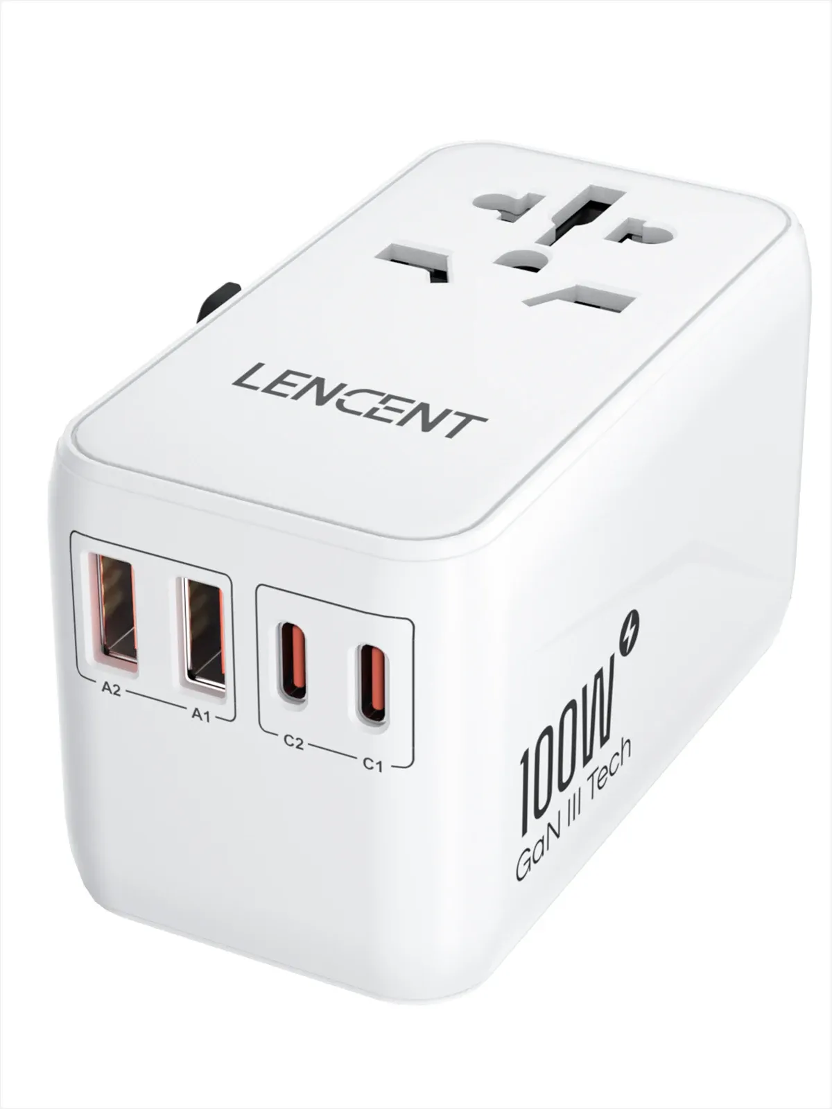 LENCENT Adaptateur de voyage international GaN 65 W / 100 W, charge rapide, 2 USB et 3 USB-C, prises EU, AU, US, UK 7