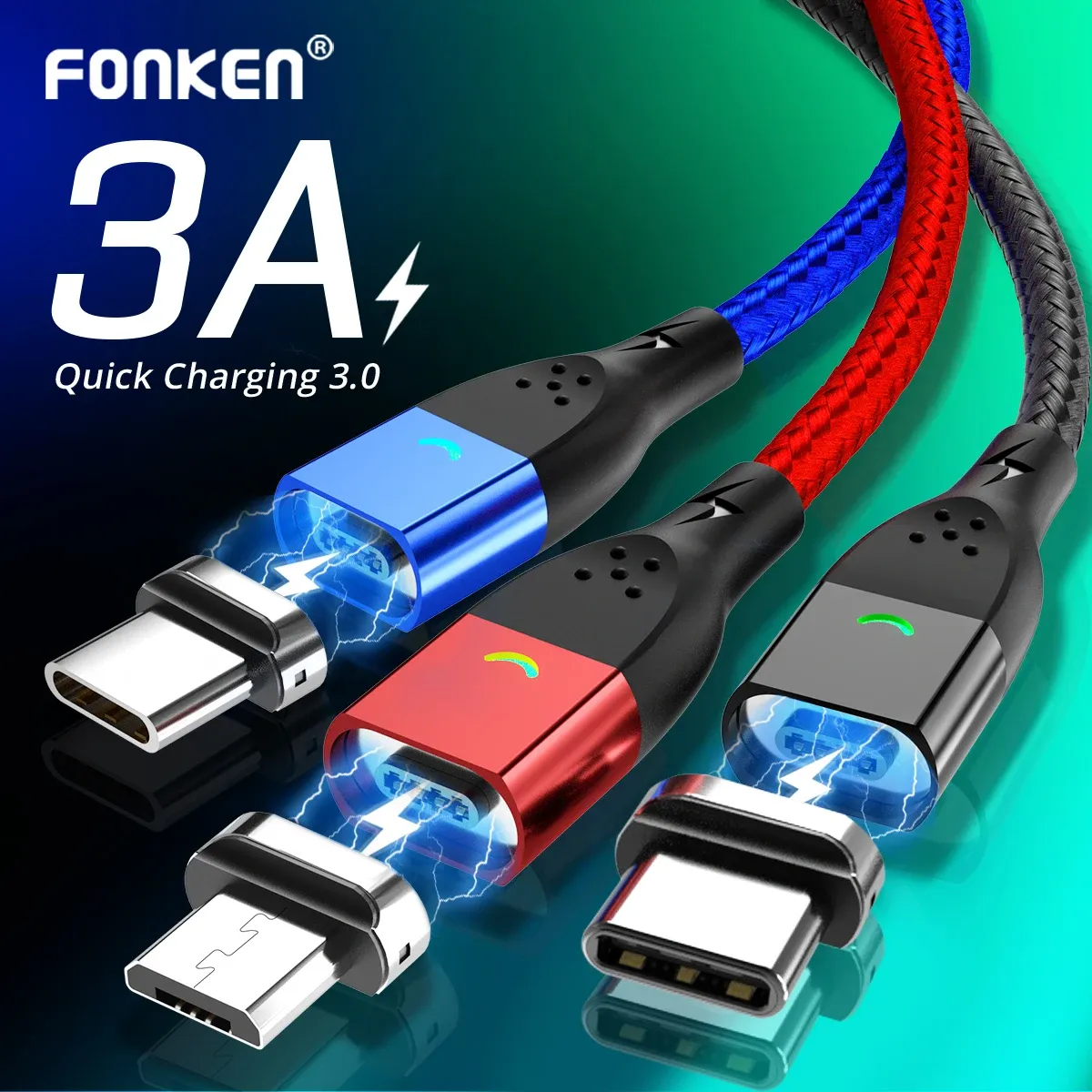 Câble magnétique USB 3A à charge rapide, avec connecteur USB-C et Micro USB