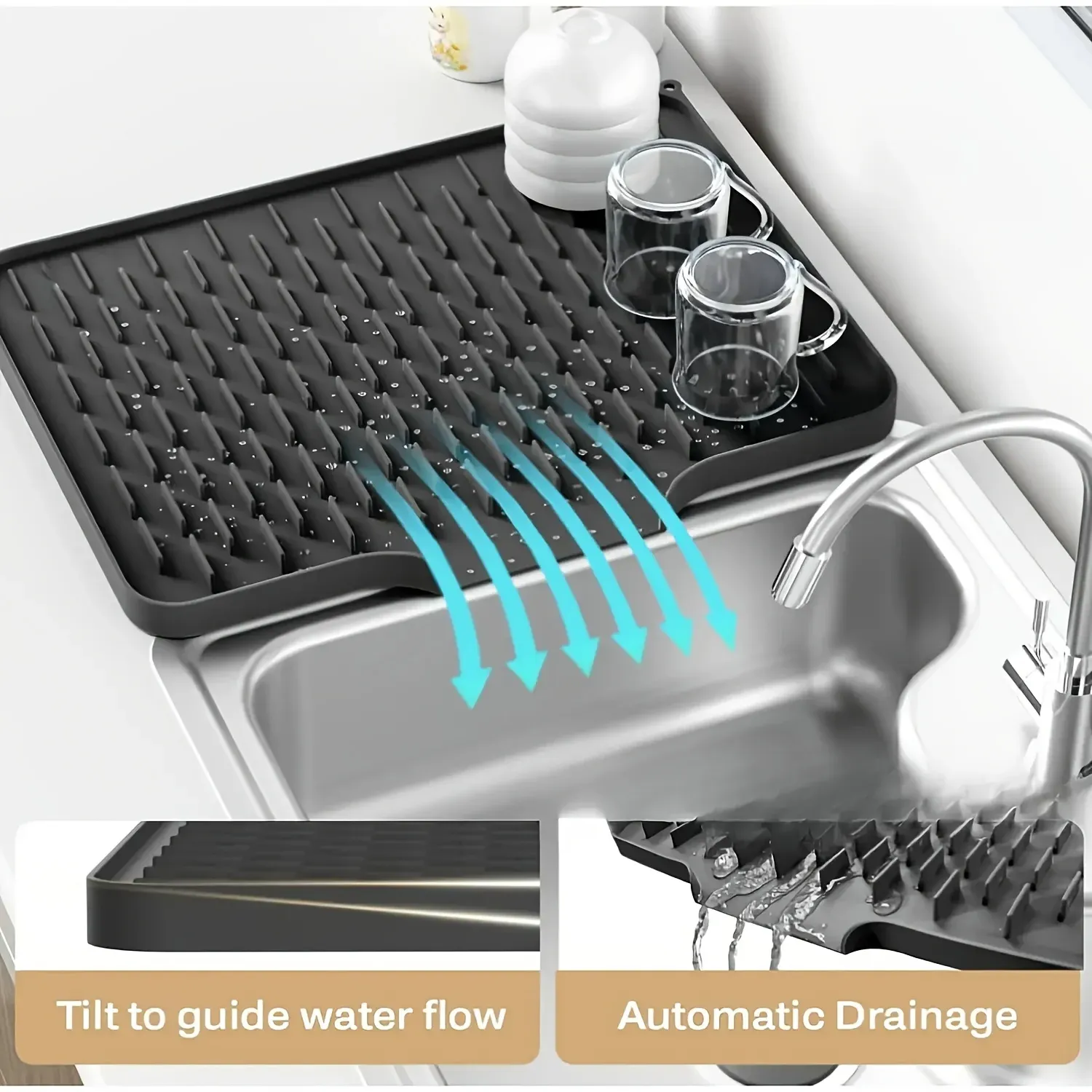 Tapis d'égouttage de cuisine en silicone à système de drainage intégré, facile à nettoyer, idéal pour plans de travail, éviers et réfrigérateurs