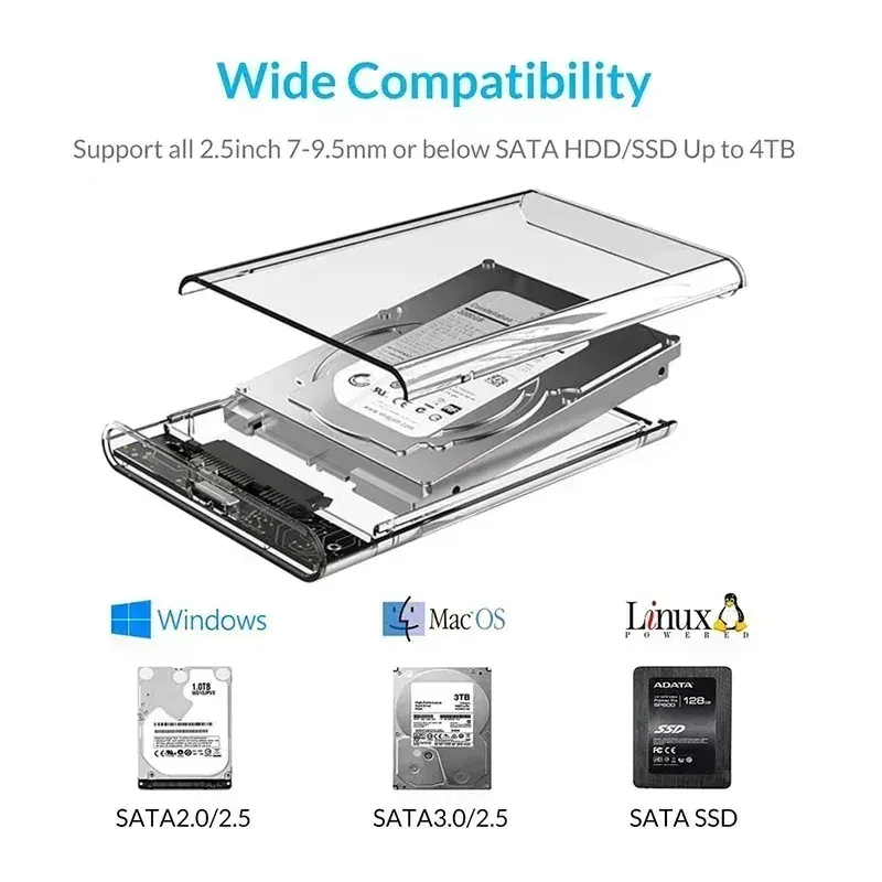 Boîtier de disque dur externe transparent USB 3.0 / USB Type-C vers SATA III, 2,5 pouces, compatible SSD et HDD SATA, prise en charge UASP 3