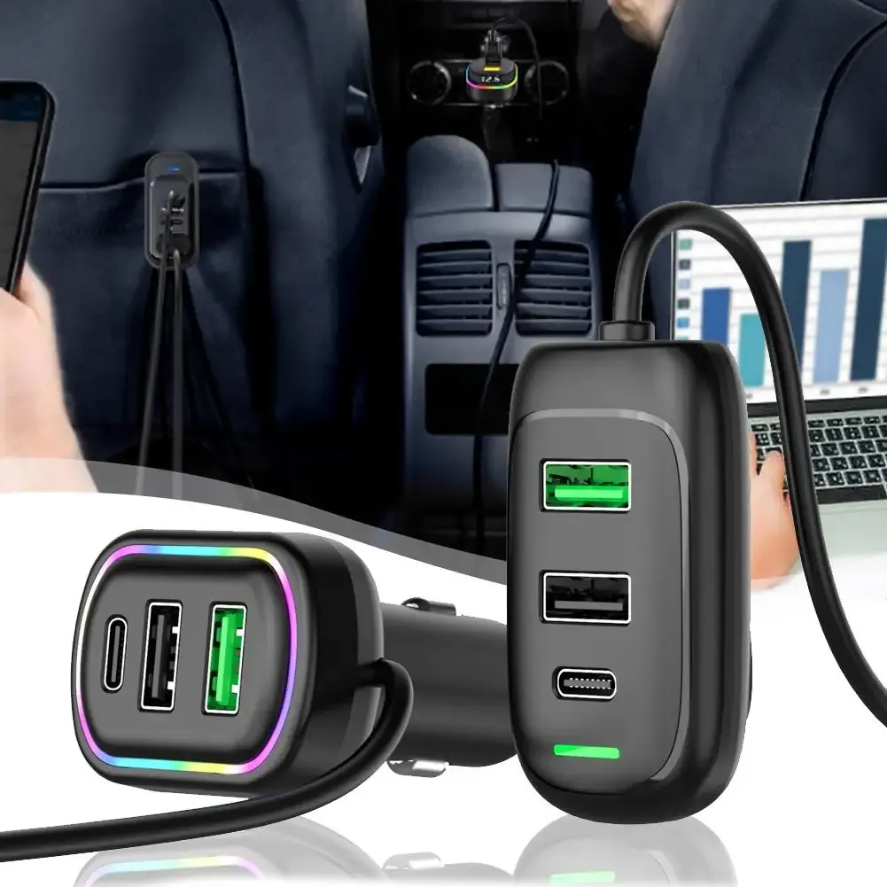 Adaptateur allume-cigare multiport 6 ports USB-C avant et arrière avec éclairage RGB, charge rapide PD pour iPhone et tablette 2