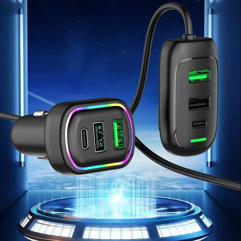 Adaptateur allume-cigare multiport 6 ports USB-C avant et arrière avec éclairage RGB, charge rapide PD pour iPhone et tablette 3