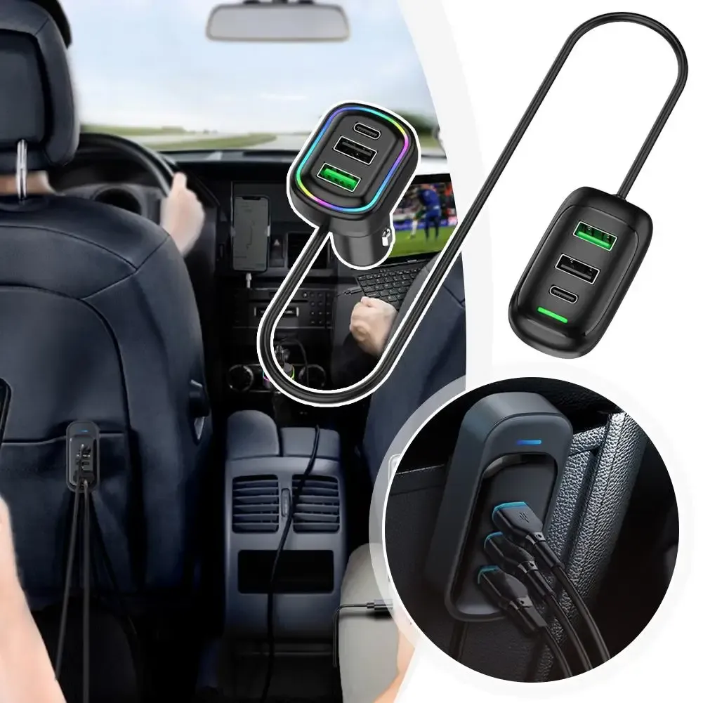 Adaptateur allume-cigare multiport 6 ports USB-C avant et arrière avec éclairage RGB, charge rapide PD pour iPhone et tablette 4