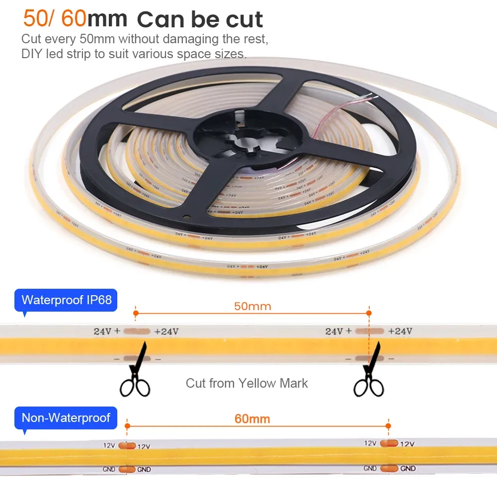 Bande LED COB 12 V / 24 V IP68 étanche, flexible, 320 LED, éclairage haute densité 4