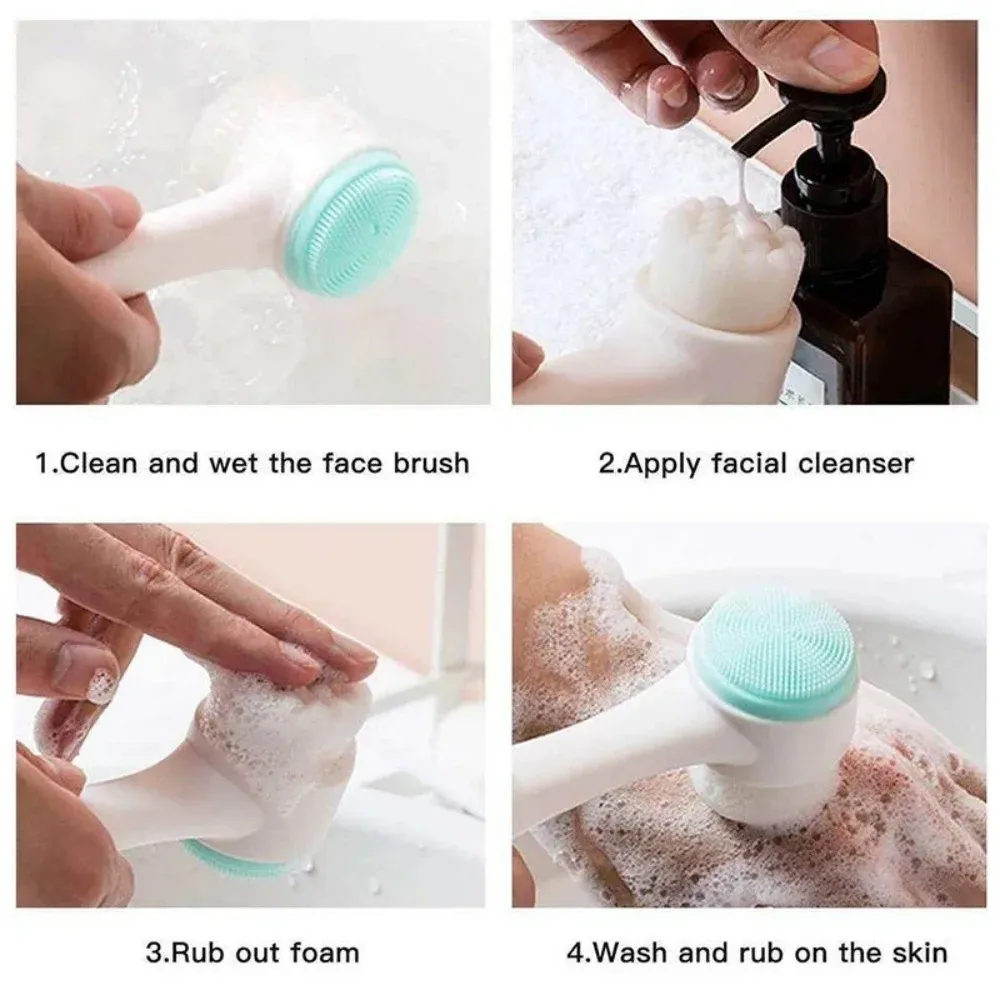 Brosse nettoyante visage 3D double face en silicone, brosse de massage manuelle à poils doux pour exfoliation 5