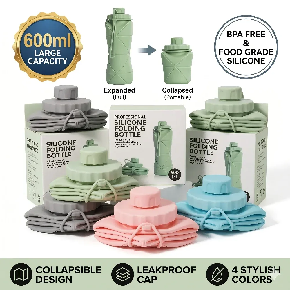 Gourde pliable en silicone 600 ml, réutilisable et étanche